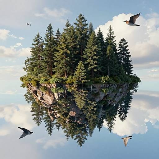 Photorealistic digital artwork of a floating, rocky island covered in dense, green pine trees, with three birds in flight against a bright blue sky with