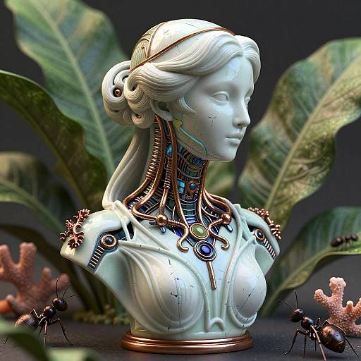 Photorealistic digital artwork of a white, robotic bust with intricate cybernetic neckpiece, set against lush green leaves and coral, with ants on