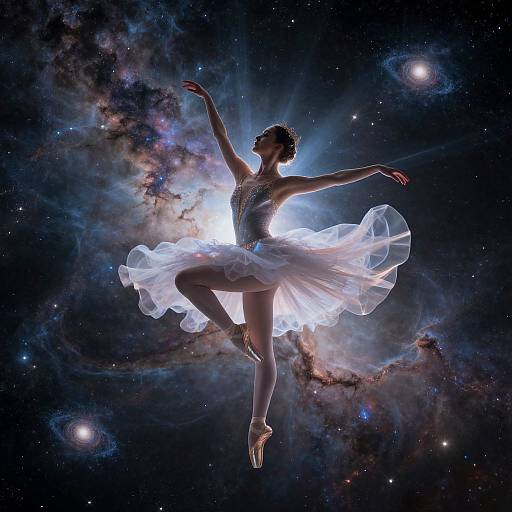 Silhouetted ballerina with a sparkling tutu and pointe shoes, dancing against a vibrant, star-filled cosmic nebula backdrop.