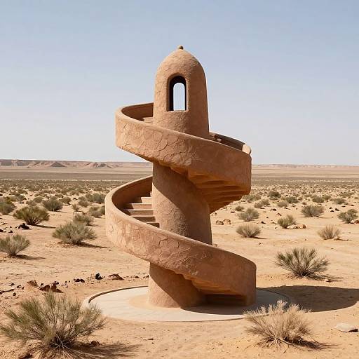 Photograph of a spiral adobe tower with a small arched window, set in a dry, desert landscape with sparse shrubs and distant mountains under