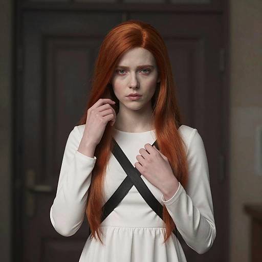 Photorealistic CGI of a pale-skinned, red-haired woman with long hair, wearing a white dress with black straps, standing in front of a