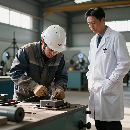 Photograph of an Asian man in a white helmet and workwear, assembling metal parts on a table, while another Asian man in a white lab coat