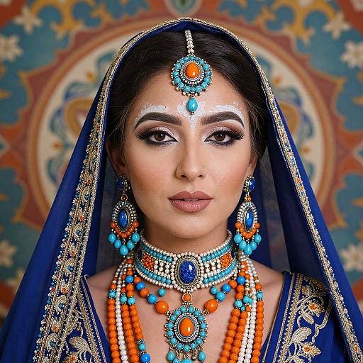 Photograph of an Indian bride in a blue embroidered veil, wearing vibrant blue, orange, and turquoise jewelry, with intricate mehndi on her