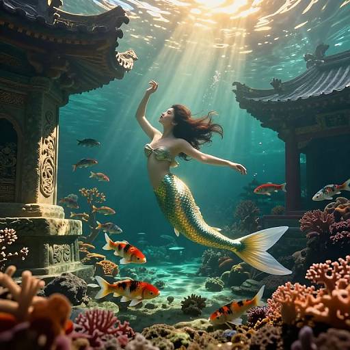 Digital artwork of a golden-scaled mermaid with green topknot, floating amidst vibrant coral, sunlit underwater temple ruins, and colorful fish.