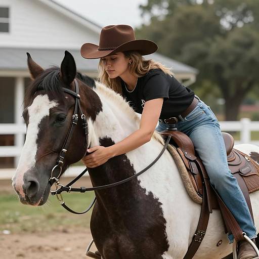 Woman Hugging Horse in Cowboy Hat