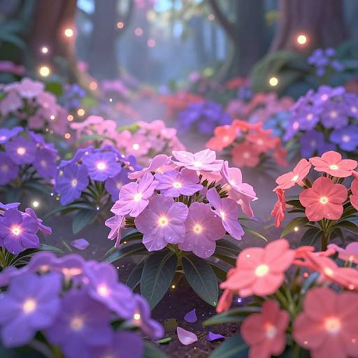 Photograph of a magical forest scene with glowing blue, pink, and purple flowers, illuminated by twinkling fairy lights in a misty, enchanted woodland