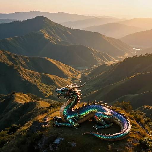 Photograph of a shimmering, iridescent dragon with green-blue scales resting on a sunlit mountain peak, overlooking a vast, hazy valley