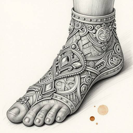 Detailed black-and-white digital drawing of an intricately patterned, ornate sandal covering a human foot, with delicate designs and textures.
