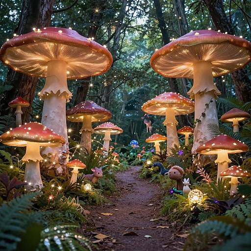 Photograph of a magical forest path lined with glowing, red-capped, fairy-lit mushrooms surrounded by lush greenery and twinkling lights.