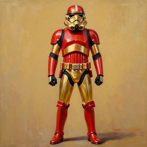 Photograph of a detailed, painted Stormtrooper figure in red and gold armor, standing against a beige textured background.