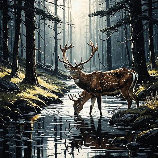 Deer Drinking in Forest Stream