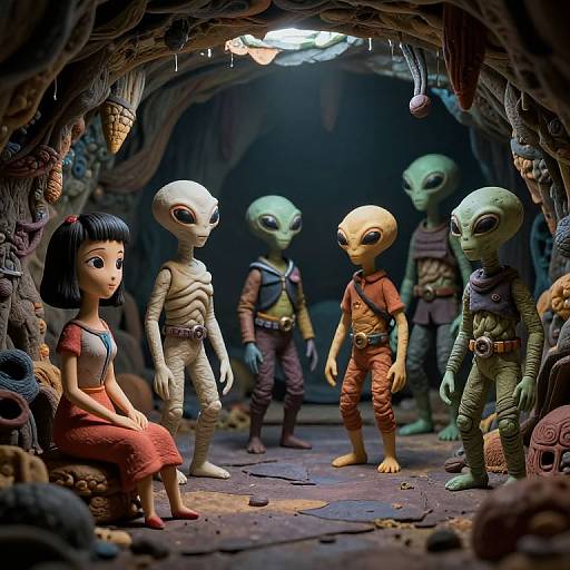 Photograph-style CGI: Five alien characters with large eyes, diverse skin tones, and varied clothing stand in a dim, rocky cave with a human girl