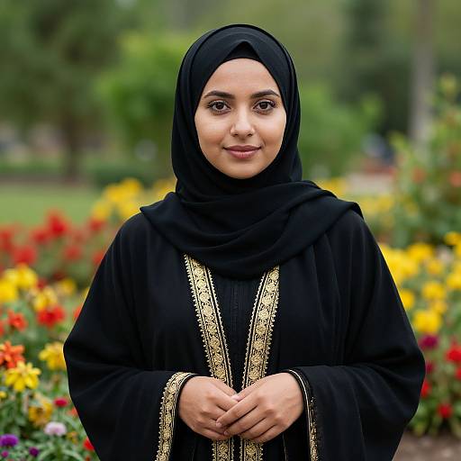Photograph of a young woman with light brown skin, dark eyes, and black hijab, wearing a black abaya with gold trim, standing in