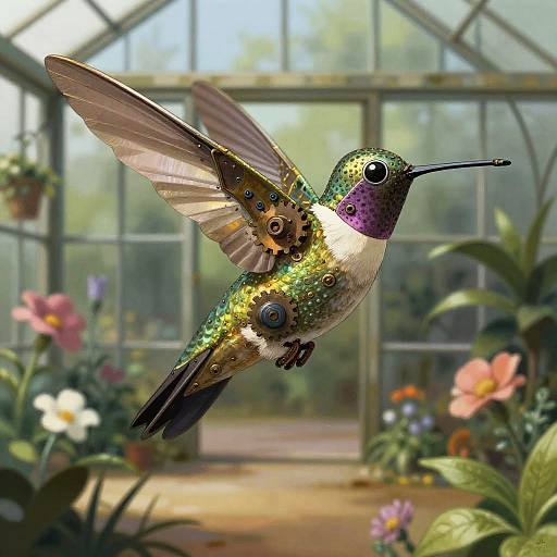 Steampunk Mechanized Hummingbird in Greenhouse