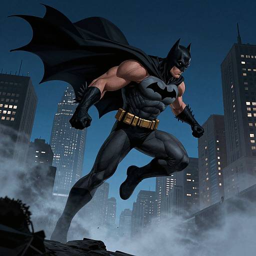 Digital art of muscular Batman leaping through a smoky city night. He wears black suit, cape, cowl, and golden belt, with tall