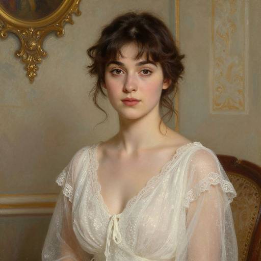 Digital painting of a young woman with dark, wavy hair, wearing a sheer, white lace dress with a low neckline, standing in an ornate