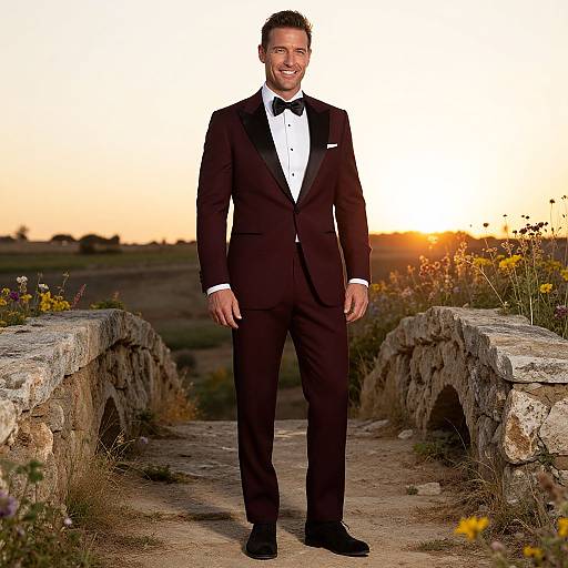 Smiling man in black tuxedo with white shirt and black bow tie standing on stone pathway at sunset, surrounded by wildflowers. Photograph.