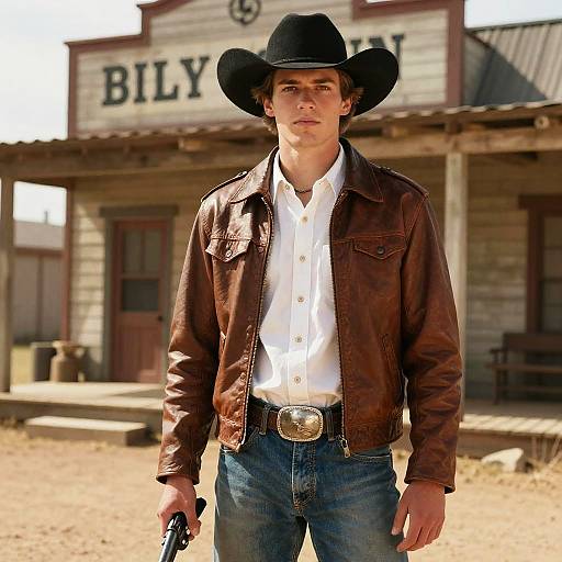 Photograph of a serious young man in a black cowboy hat, brown leather jacket, white shirt, blue jeans, and belt with a large silver buckle