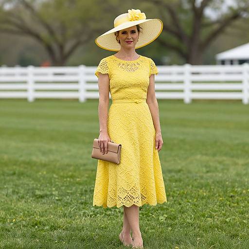 Photograph of a smiling woman in a bright yellow lace dress, wide-brimmed hat with yellow flower, beige clutch, standing on green grass with