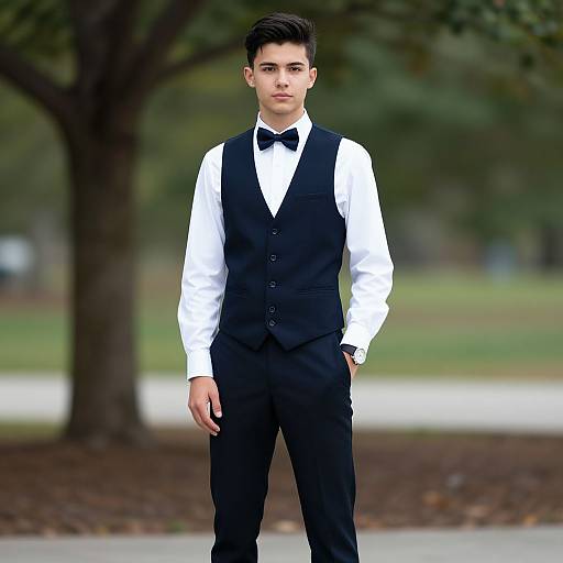 Photograph of a young Caucasian male with short black hair, wearing a black vest, white shirt, black bow tie, and black pants, standing in