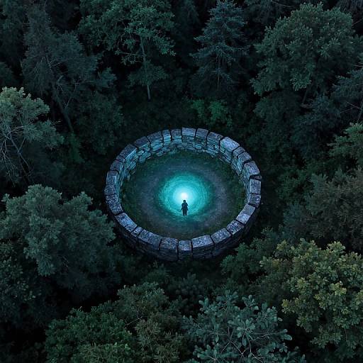 Aerial photograph of a solitary figure standing in a glowing, circular stone structure at forest's center, surrounded by dense trees.