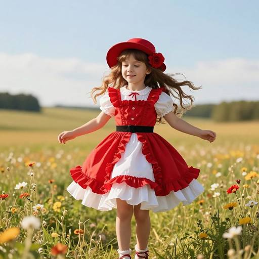 Photograph of a young girl with long brown hair, wearing a red dress with white ruffles, red hat, and black belt, smiling in a