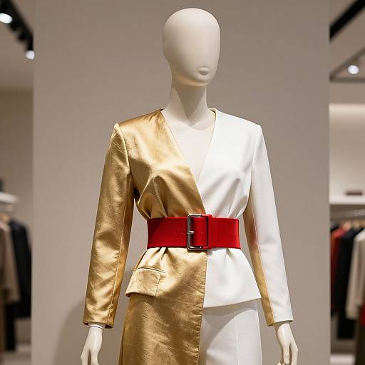 Photograph of a faceless mannequin wearing a gold and white metallic jacket, white pants, and a red belt with a large buckle. Background