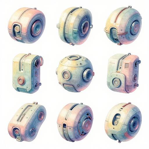 Digital CGI image of nine colorful, metallic, cylindrical mechanical components with various circular and protruding parts, arranged in a 3x3 grid on a