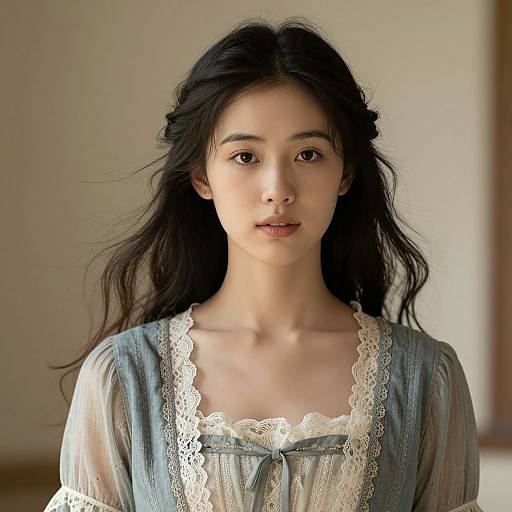 Photograph of an East Asian woman with long, wavy black hair, wearing a light blue lace-trimmed blouse, standing indoors against a blurred