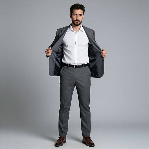 Photograph of a handsome man with dark hair and beard, wearing a dark gray suit, white shirt, black belt, and brown shoes, standing against