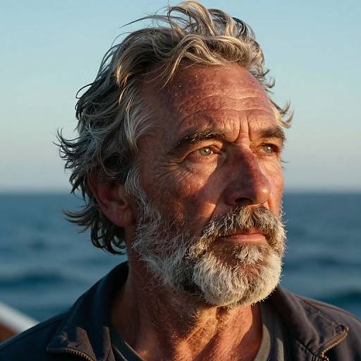 Photograph of a weathered, middle-aged man with gray, wavy hair and beard, gazing at the sea under a clear blue sky.