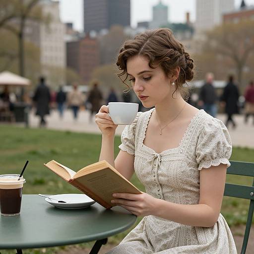 Photograph of a young woman with curly brown hair, wearing a white lace dress, reading a book while sipping from a white cup at an outdoor