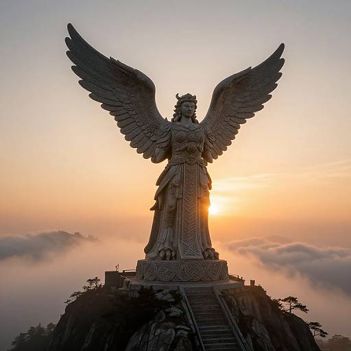 Photograph of a towering winged statue at sunset, with the sun glowing behind it, set on a rocky hilltop surrounded by clouds.