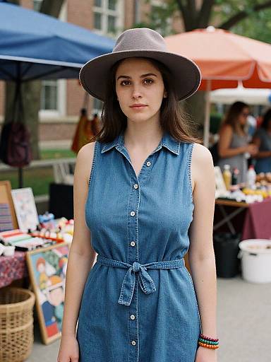 Photograph of a young woman with fair skin and long brown hair, wearing a blue denim sleeveless dress and gray wide-brimmed hat, standing