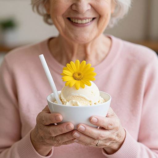 Photograph of an elderly woman with short gray hair, smiling, wearing a pink sweater, holding a white bowl with ice cream, a yellow daisy