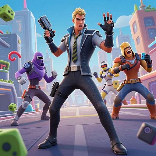 Digital cartoon: Muscular blonde man in black vest and tie, holding guns, stands confidently in city street, surrounded by masked, armed characters. Bright