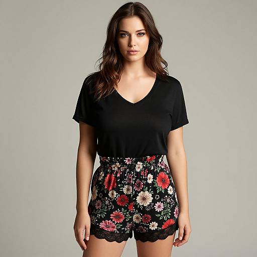 Photograph of a young woman with wavy brown hair wearing a black V-neck top and black floral shorts with lace trim.