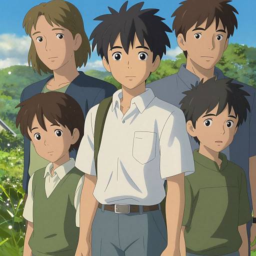 Anime-style digital illustration of five Japanese boys and one girl with spiky black hair, standing outdoors in a sunny, green forest.