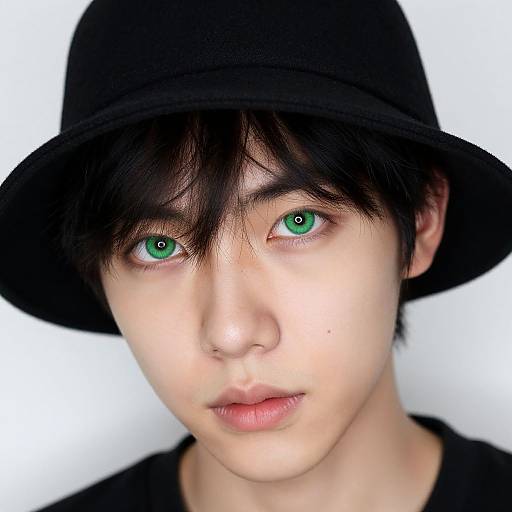 Photograph of an androgynous young person with pale skin, striking green eyes, black hat, and black shirt, set against a white background