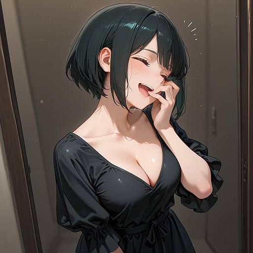 Anime Girl Laughing in Black Dress