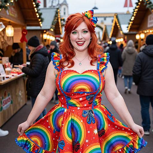 Photograph of a smiling red-haired woman in a vibrant rainbow dress with star and butterfly patterns, standing at a festive outdoor market.
