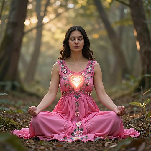 Photograph of a dark-haired woman in a pink floral dress, sitting cross-legged in a forest, meditating with a glowing heart on her chest.