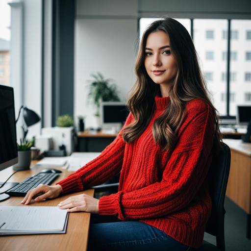 Woman in Red Sweater at Office Desk
