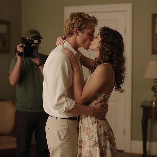 Couple Kissing in Dimly Lit Room with Cameraman