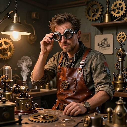 Photograph of a steampunk inventor with glasses, brown leather apron, and goggles, adjusting them while working on brass gears and a steaming