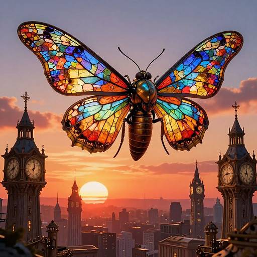 Photograph of a vibrant, stained-glass butterfly with multicolored wings hovering over a sunset cityscape featuring two clock towers.