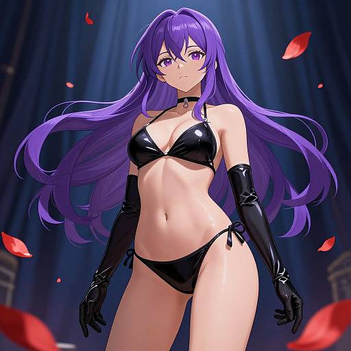 Digital anime art of a purple-haired woman with long hair, wearing a black bikini, gloves, and choker, standing confidently with red petals falling around
