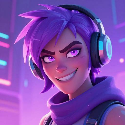 CGI portrait of a mischievous, purple-haired, anime-style character with glowing purple eyes, wearing futuristic headphones and a dark scarf, set against