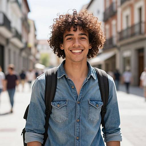 Photograph of a smiling young man with curly brown hair, wearing a blue denim shirt, black backpack, standing in a sunlit, bustling European street