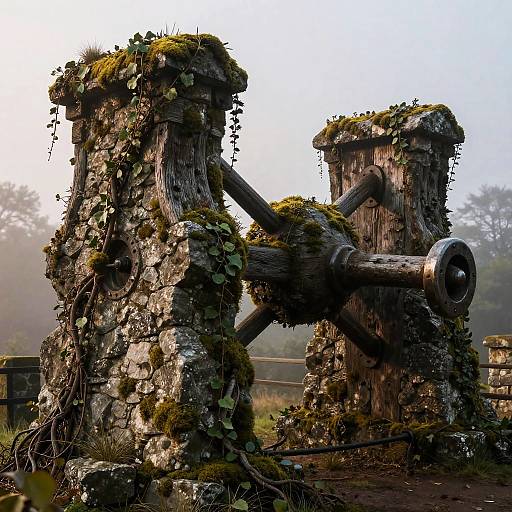 Photograph of weathered, moss-covered wooden millstone structure with vines, rustic texture, and a metal shaft, set in a foggy, rural